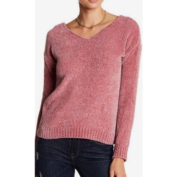🎀 Rose Pink Chenille Open Twist-Back Knit V-Neck Sweater - Picture 1 of 4